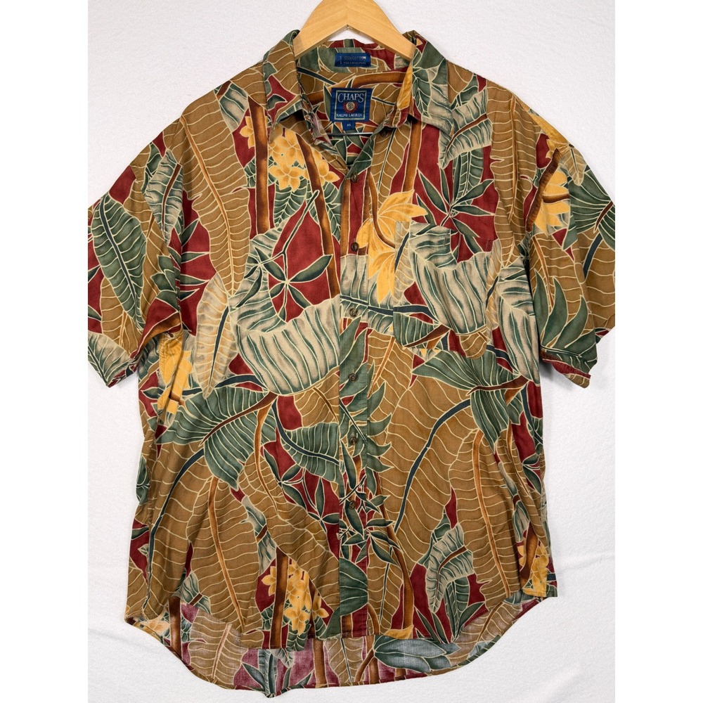 Vintage 90s Chaps Ralph Lauren Button Down Mens XL Brown‎ Tropical Leaf Cotton